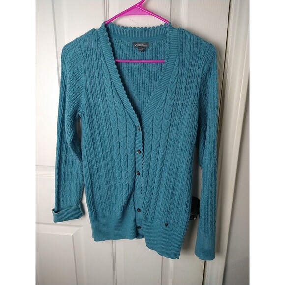 Eddie Bauer Woman L Cardigan Sweater Aqua Cable Knit Long Sleeve V Neck Casual - Picture 1 of 9
